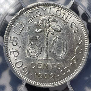 1902 Ceylon 50 Cents PCGS AU55 Lot#G6924 Silver!