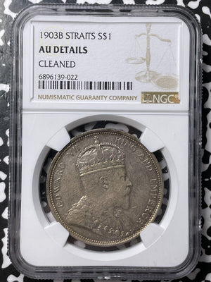 1903-B Straits Settlements $1 Dollar NGC Cleaned-AU Details Lot#G8060 Silver!