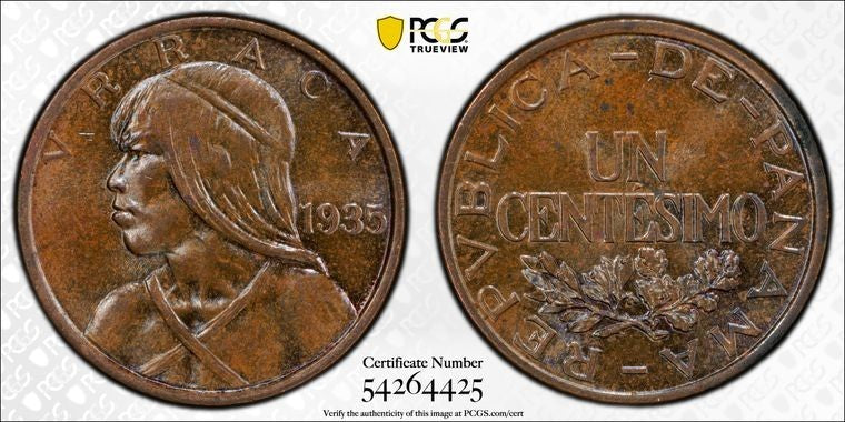 1935 Panama 1 Centesimo PCGS MS64BN Lot#G1721 Choice UNC! Beautiful Toning!