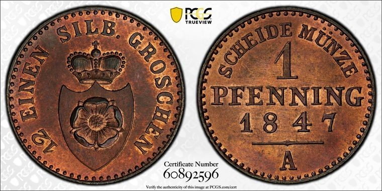 1847-A Germany Lippe-Detmold 1 Pfennig PCGS MS65RB Lot#G3406 Gem BU! Top Graded!