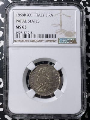 1869-R Papal States 1 Lira NGC MS63 Lot#G8970 Silver! Choice UNC!