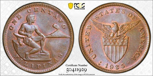 1925-M U.S. Philippines 1 Centavo PCGS MS65BN Lot#G8640 Top Graded! Gem BU!