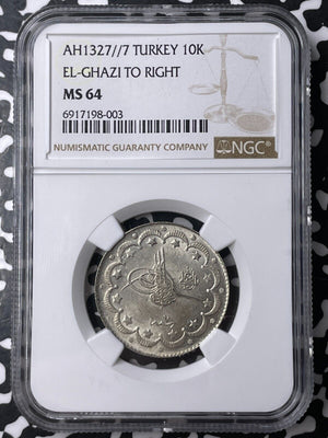 AH 1327 Year 7 (1915) Turkey 10 Kurus NGC MS64 Lot#G9466 Silver! Choice UNC!