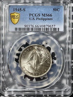 1945-S U.S. Philippines 50 Centavos PCGS MS66 Lot#G8352 Silver! Gem BU!