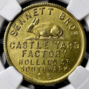 U/D G.B. London Sennett Bros Hatters, Furriers, & Skin Token NGC MS66 Lot#G9815