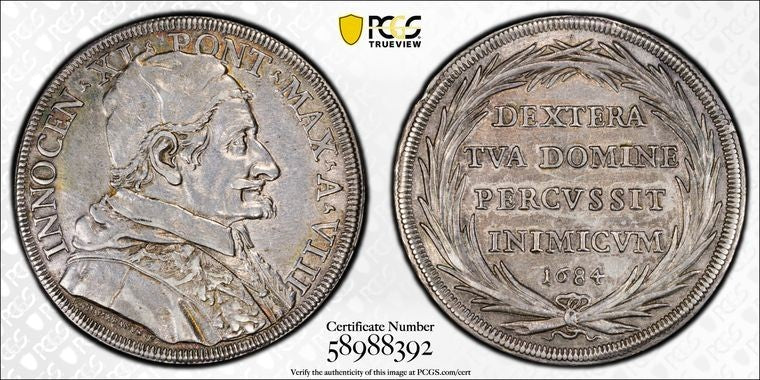 1684 Papal States Innocent XI 1 Piastra PCGS Clean.-AU Detail Lot#G4197 Silver!