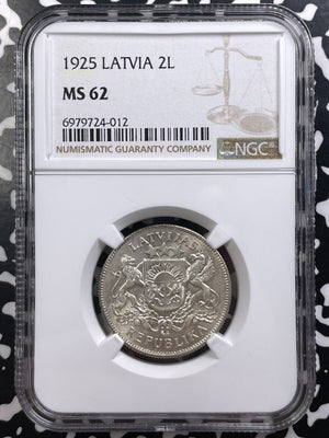 1925 Latvia 2 Lati NGC MS62 Lot#G9132 Silver! Nice UNC!