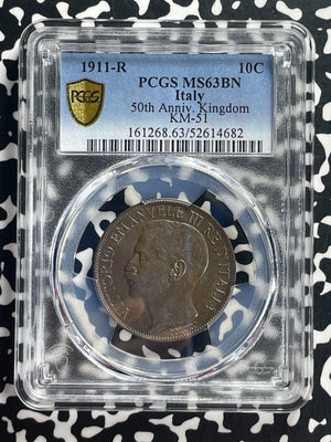1911-R Italy 50th Anniversary 10 Centesimi PCGS MS63BN Lot#G719 Choice UNC!