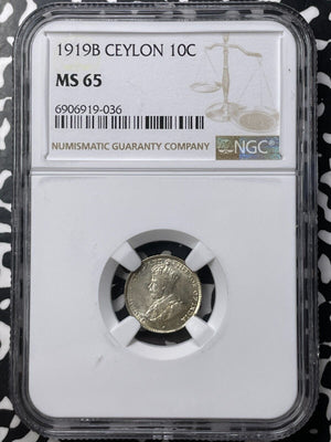 1919-B Ceylon 10 Cents NGC MS65 Lot#G8813 Silver! Gem BU!