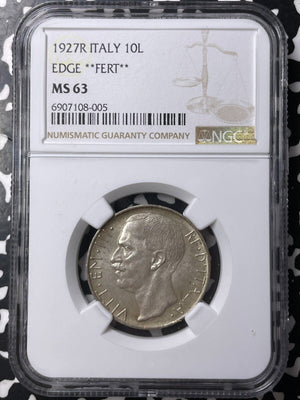 1927-R Italy 10 Lire NGC MS63 Lot#G9035 Silver! Choice UNC! Edge 'Fert'