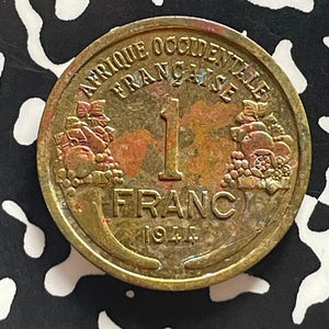 1944 French West Africa 1 Franc Lot#T5751 Beautiful Detail, Spotty Toning