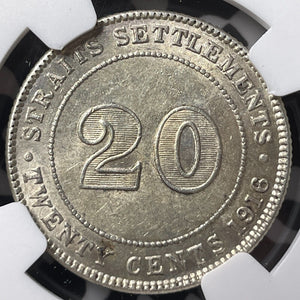 1916-B Straits Settlements 20 Cents NGC AU58 Lot#G7263 Silver! Key Date!