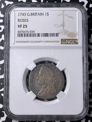 1743 G.B. George II 1 Shilling NGC VF25 Lot#MK75 Silver! With Roses