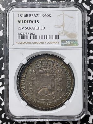 1816-R Brazil 960 Reis NGC Reverse Scratched-AU Details Lot#G7503 Large Silver!