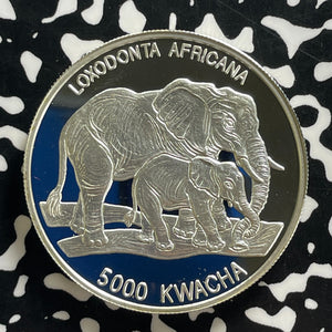 1999 Zambia 5000 Kwacha Lot#JM0134 Large Silver! Proof! Elephants
