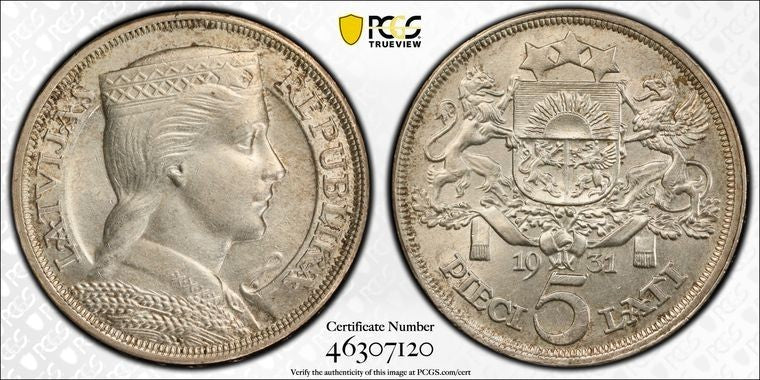 1931 Latvia 5 Lati PCGS MS62 Lot#G2137 Silver! Nice UNC!