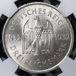 1932-A Germany Goethe 3 Mark NGC MS62+ Lot#G7047 Silver! Nice UNC!