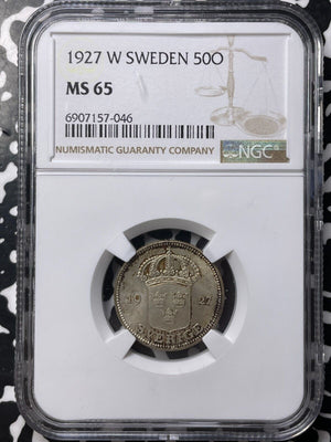 1927-W Sweden 50 Ore NGC MS65 Lot#G8994 Silver! Gem BU!