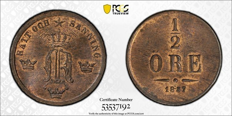 1857 Sweden 1/2 Ore PCGS MS64RB Lot#G4192 Choice UNC!