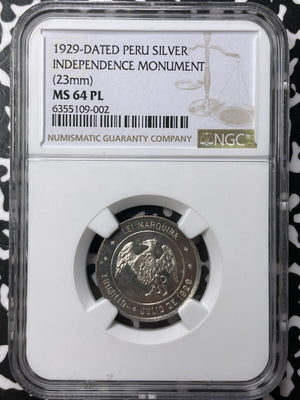 1929 Peru Independence Monument Medal NGC MS64PL Lot#G8265 Silver! Choice UNC!