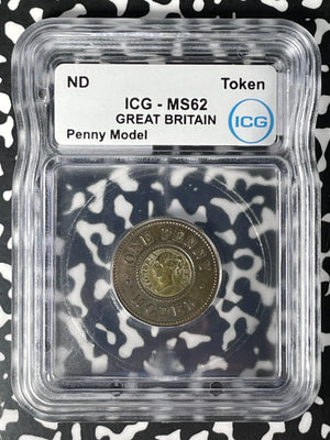 Undated G.B. Victoria Model 1 Penny Token ICG MS62 Lot#G114 Nice UNC!