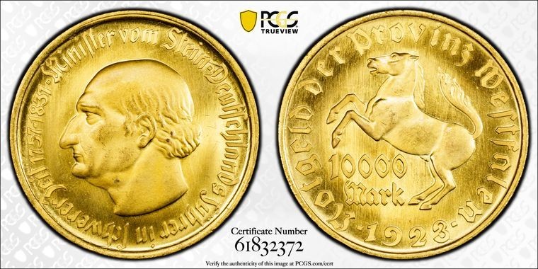 1923 Germany Westphalia 10000 Mark Notgeld PCGS MS65 Lot#G3438 Gem BU!