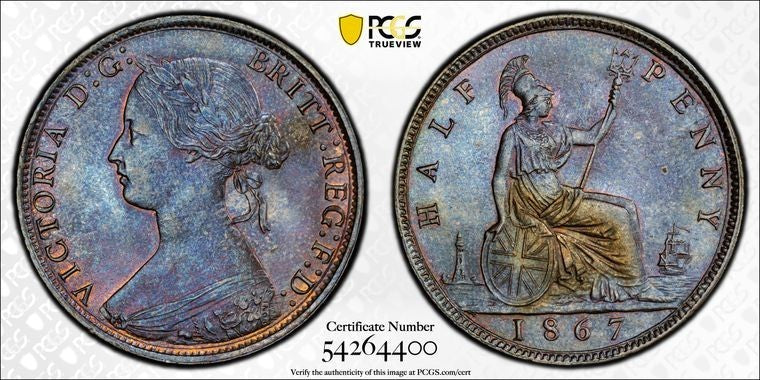 1867 Great Britain Victoria 1/2 Penny PCGS MS64BN Lot#G1758 Beautiful Toning!