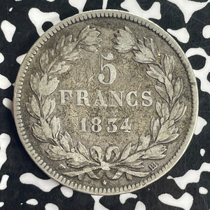 1834-BB France 5 Francs Lot#T8308 Large Silver Coin!