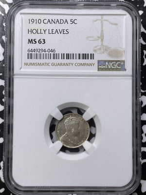 1910 Canada 5 Cents NGC MS63 Lot#G7028 Silver! Choice UNC! Holly Leaves