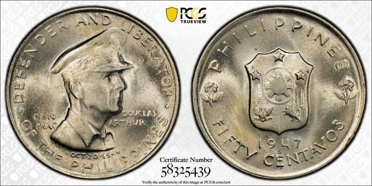 1947-S Philippines MacArthur 50 Centavos PCGS MS64 Lot#G3619 Silver! Allen-R1a