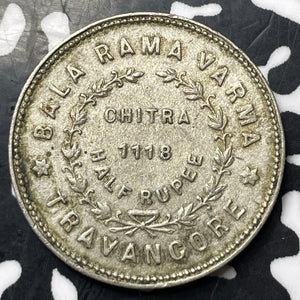 ME 1118 (1942) India Travancore 1/2 Rupee Lot#JM8388 Silver!