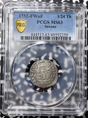 1752-F WoF Germany Saxony 1/24 Thaler PCGS MS63 Lot#G7461 Silver! Solo Top Grade
