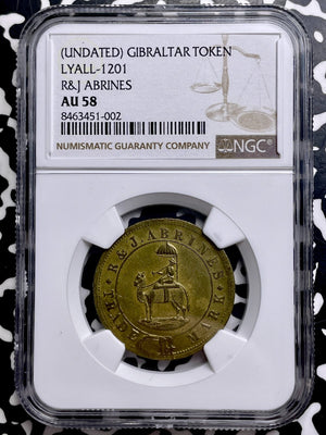 (1889) Gibraltar R & J Arbines Token NGC AU58 Lot#G9805 Prid.-554, Lyall-1201