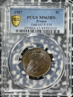 1907 France 5 Centimes PCGS MS63BN Lot#G8134 Choice UNC! Gad-165, F-119