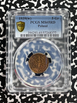 1939-(w) Poland 5 Groszy PCGS MS65RD Lot#G775 Gem BU!