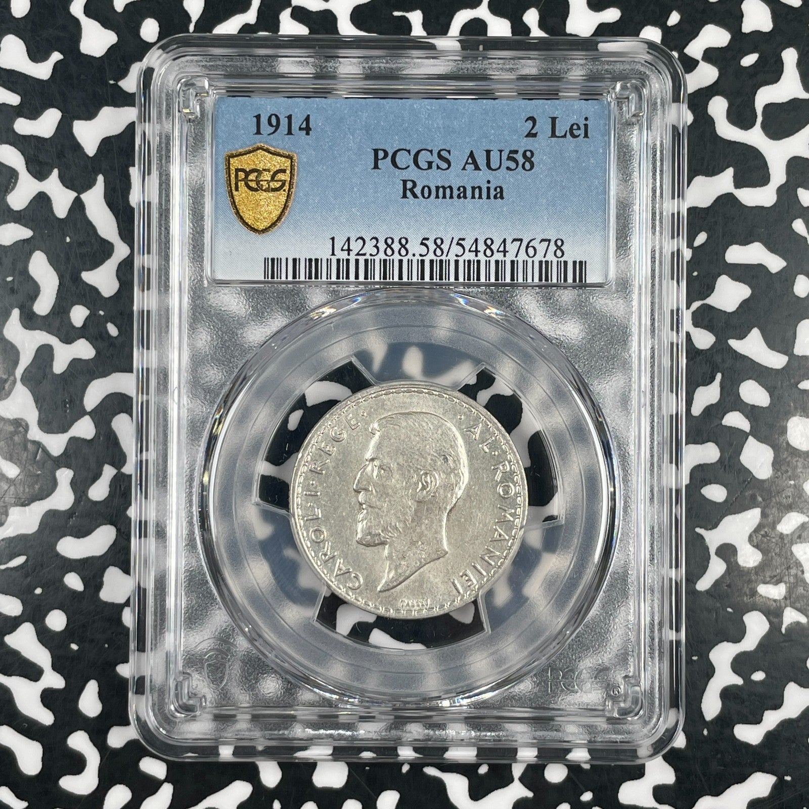 1914 Romania 2 Lei PCGS AU58 Lot#G4233 Silver!