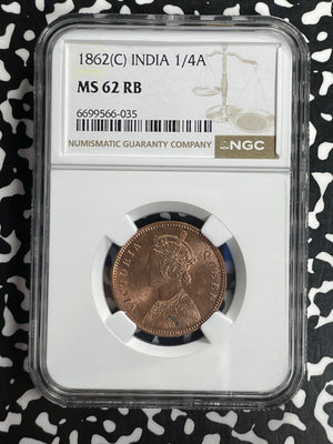1862-(C) India 1/4 Anna NGC MS62RB Lot#G844 Nice UNC!