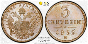 1852-M Italy Lombardy-Venetia 3 Centesimi PCGS MS65BN Lot#G7430 Solo Top Graded!