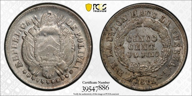 1871-PTS Bolivia 5 Centavos PCGS MS63 Lot#G2094 Silver! Choice UNC! KM#156.2