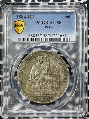 1884-BD Peru 1 Sol PCGS AU58 Lot#G9337 Silver!