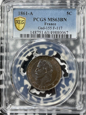 1861-A France 5 Centimes PCGS MS63BN Lot#G8162 Choice UNC! Gad-155, F-117