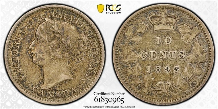 1893 Canada 10 Cents PCGS XF40 Lot#G3544 Silver! Flat Top '3'
