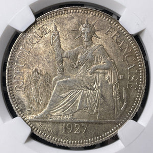 1927-A French Indo-China 1 Piastre NGC AU58 Lot#G9483 Large Silver!