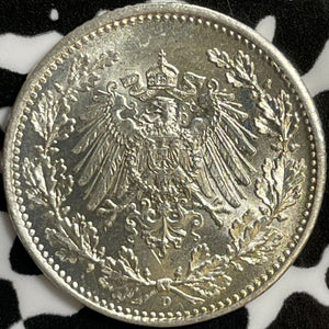 1917-D Germany 1/2 Mark Half Mark Lot#D6986 Silver! High Grade! Beautiful!