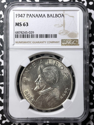1947 Panama 1 Balboa NGC MS63 Lot#G7247 Large Silver Coin! Choice UNC!