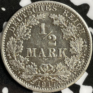 1917-A Germany 1/2 Mark Half Mark Lot#D6991 Silver! High Grade! Beautiful!