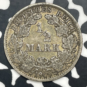 1909-F Germany 1/2 Mark Half Mark Lot#C0405 Silver!