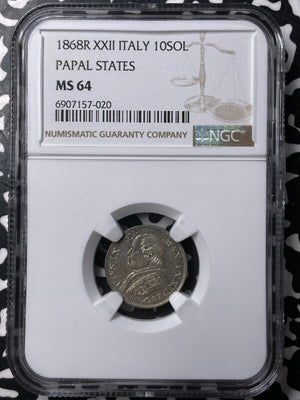 1868-R Papal States 10 Soldi NGC MS64 Lot#G8972 Silver! Choice UNC!