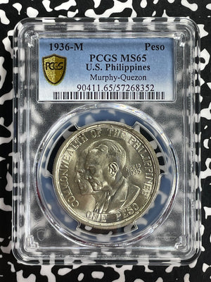 1936-M U.S. Philippines Quezon-Murphy 1 Peso PCGS MS65 Lot#G772 Silver! Gem BU!