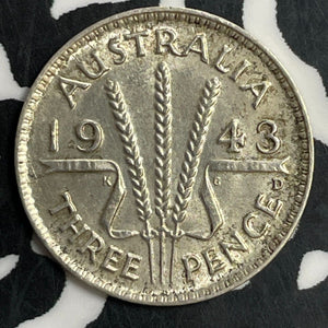 1943-D Australia 3 Pence Threepence Lot#T0587 Silver! High Grade! Beautiful!